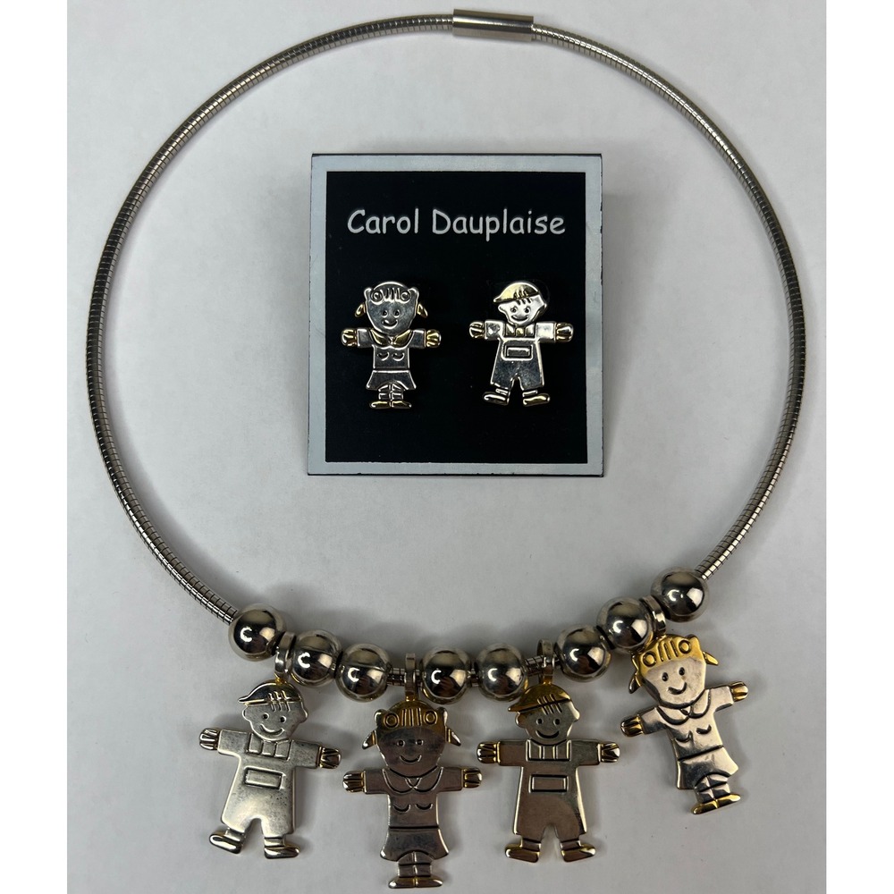 Carol Dauplaise Silver Tone Children Family Charm Necklace and Earring Set